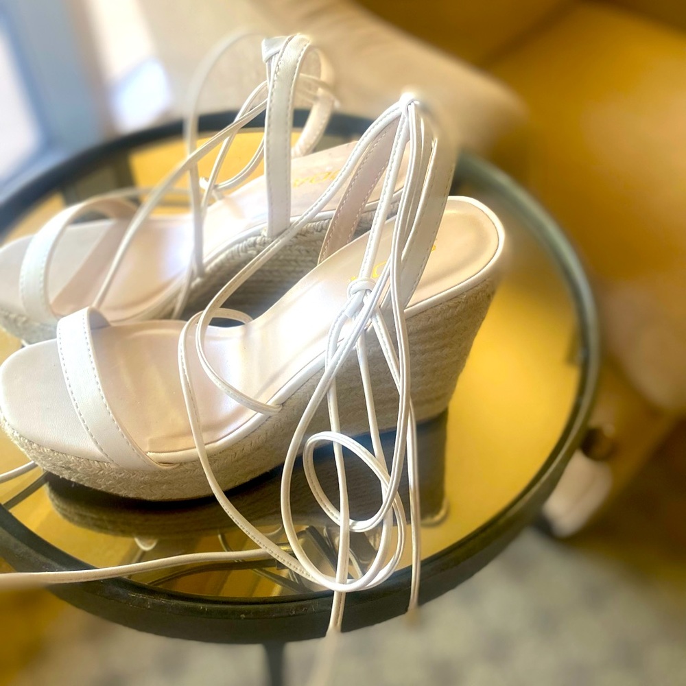 Cream Wedge Espadrilles (Can Tie Up to Knees) in Size 9